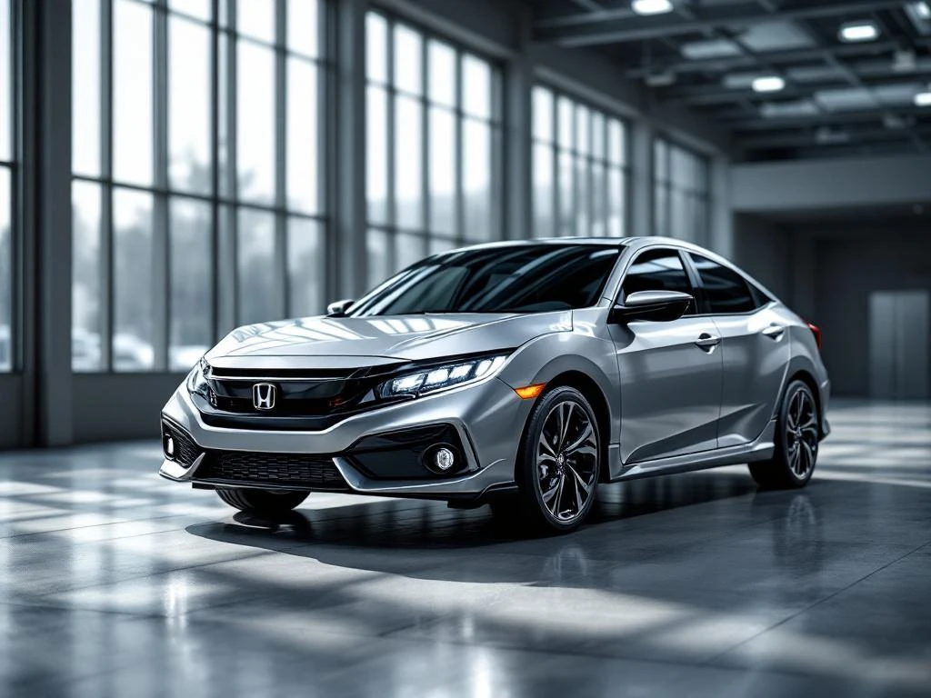 Metallic zilveren Honda Civic in moderne autoshowroom met dramatische verlichting en gepolijste betonvloer