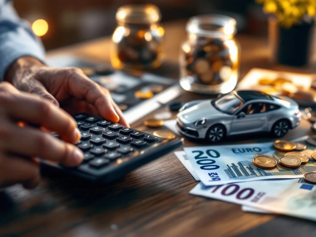 Handen met rekenmachine naast autosleutel, speelgoedauto en eurobiljetten op houten bureau voor autofinanciering