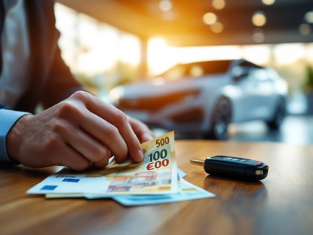 Handen tellen euro bankbiljetten naast autosleutel op houten bureau, Honda auto op achtergrond in dealerschap