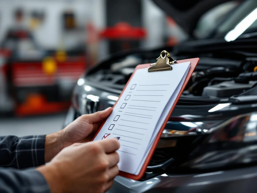 Handen houden checklist bij geopende motorkap van auto tijdens professionele inspectie in garage