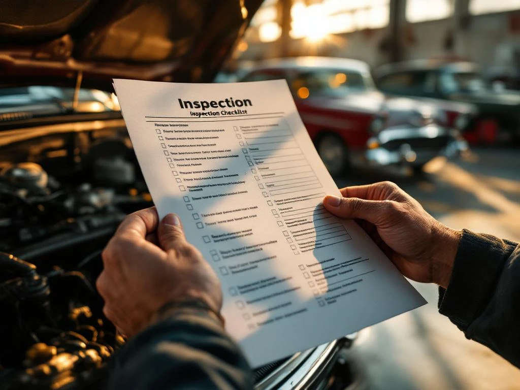 Ervaren handen houden auto-inspectiechecklist vast tegen vintage auto in professionele garage met warme verlichting