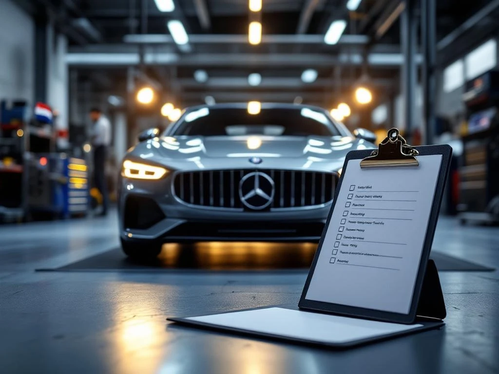 Moderne auto in professionele garage met mechanicien inspectiechecklist op voorgrond, diagnostische apparatuur zichtbaar