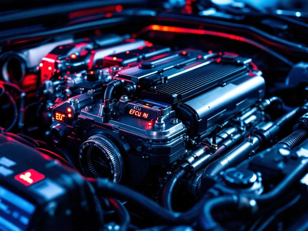 Motorruimte met dure onderdelen: transmissie, ECU-module en hybride batterij met rode waarschuwingsindicatoren