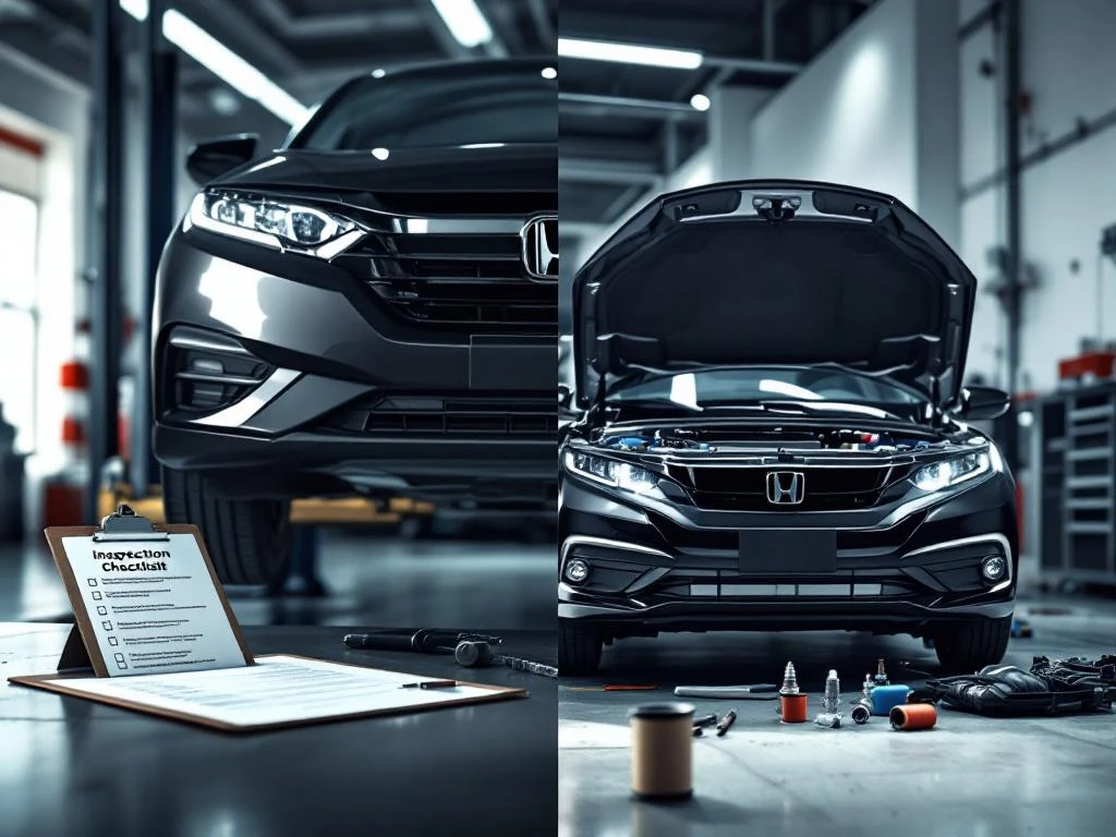 Honda auto op hefbrug voor APK-keuring links, rechts met open motorkap voor onderhoud in professionele garage