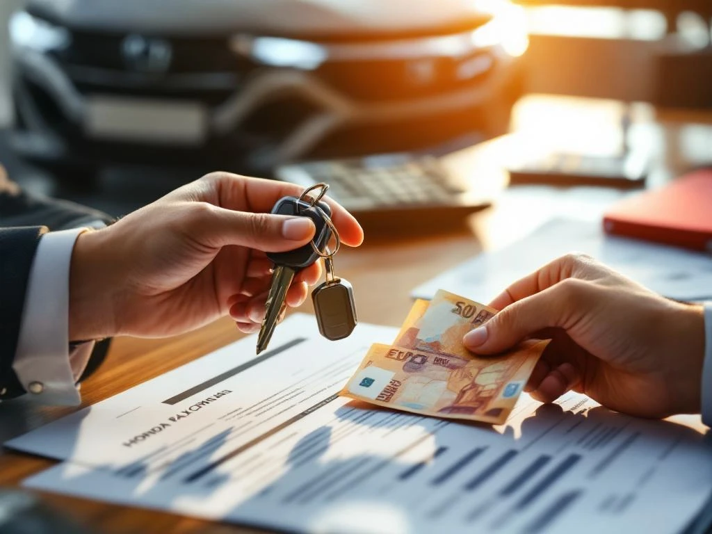 Handen wisselen autosleutels en eurobiljetten uit over belastingdocumenten met Honda auto op achtergrond