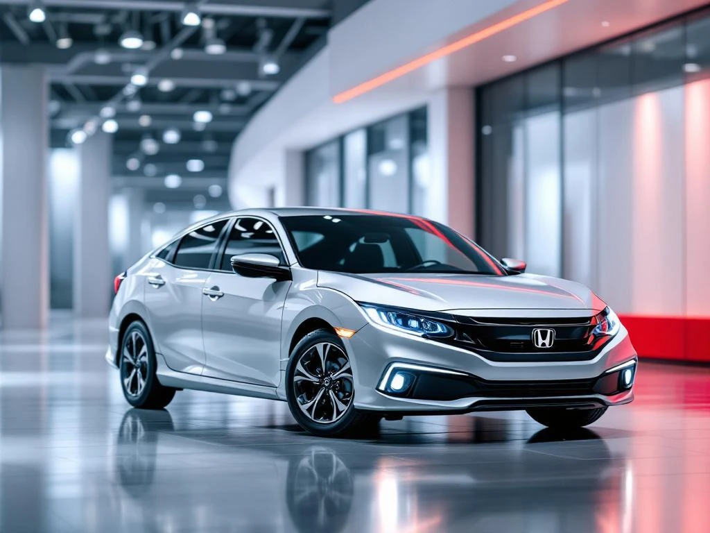 Zilveren Honda Civic e:HEV hybride auto in moderne showroom met LED-verlichting en blauwe accenten