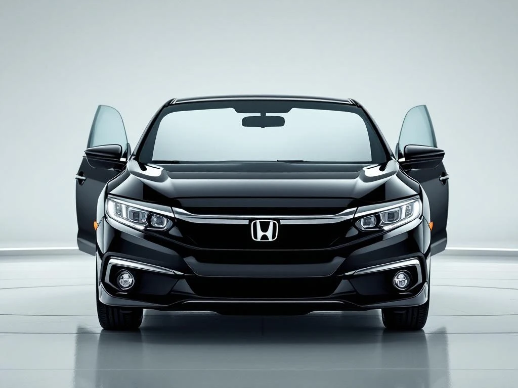 Honda Civic sedan met open bestuurdersdeur toont modern interieur met digitaal dashboard en ergonomische stoelen
