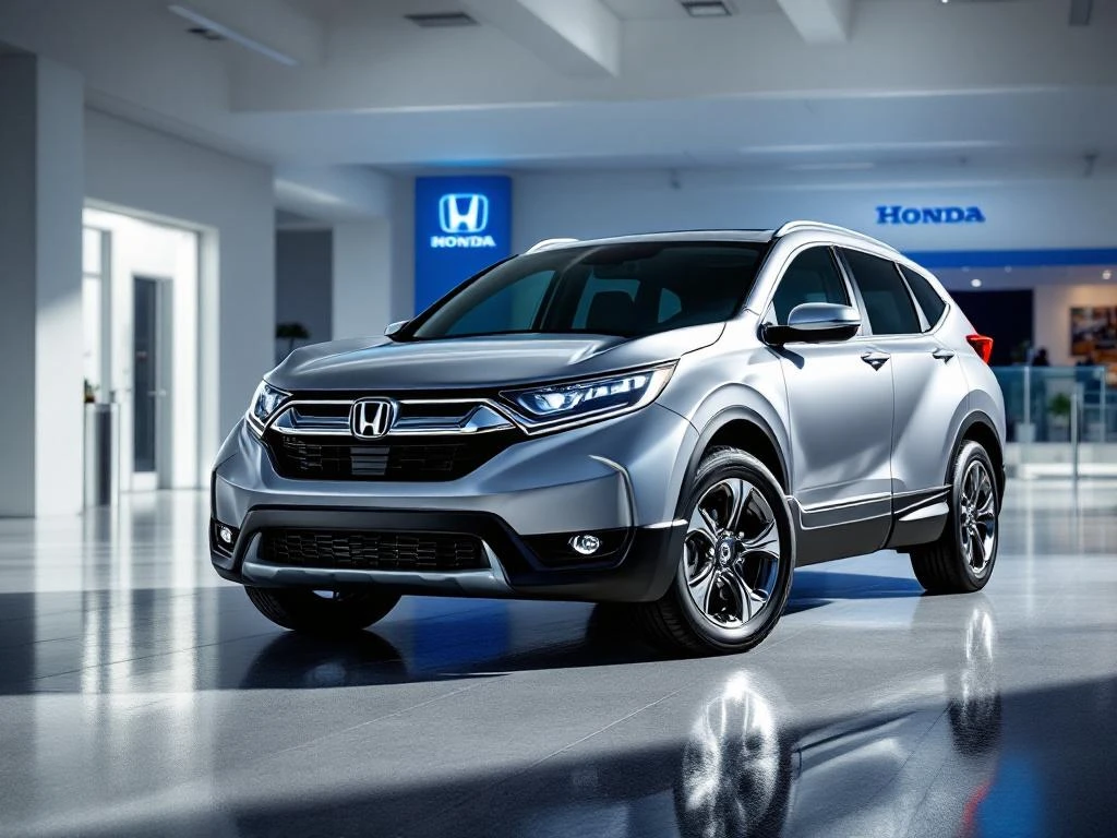 Zilveren Honda CR-V SUV in moderne showroom met professionele verlichting en glanzende betonvloer