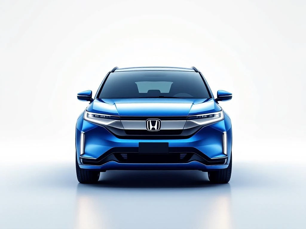Oceaanblauwe Honda e:Ny1 elektrische SUV in driekwart vooraanzicht op witte studioachtergrond met professionele verlichting