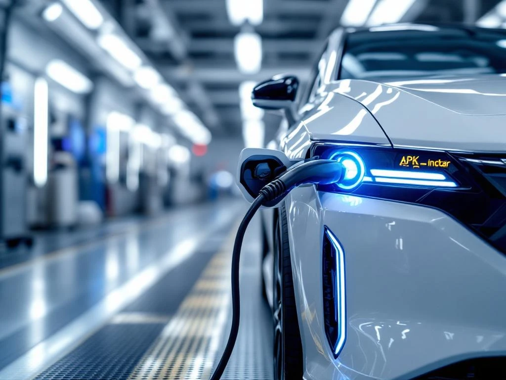 Moderne elektrische Honda auto in professionele APK-keuringshal met verlichte oplaadpoort en blauw energieeffect