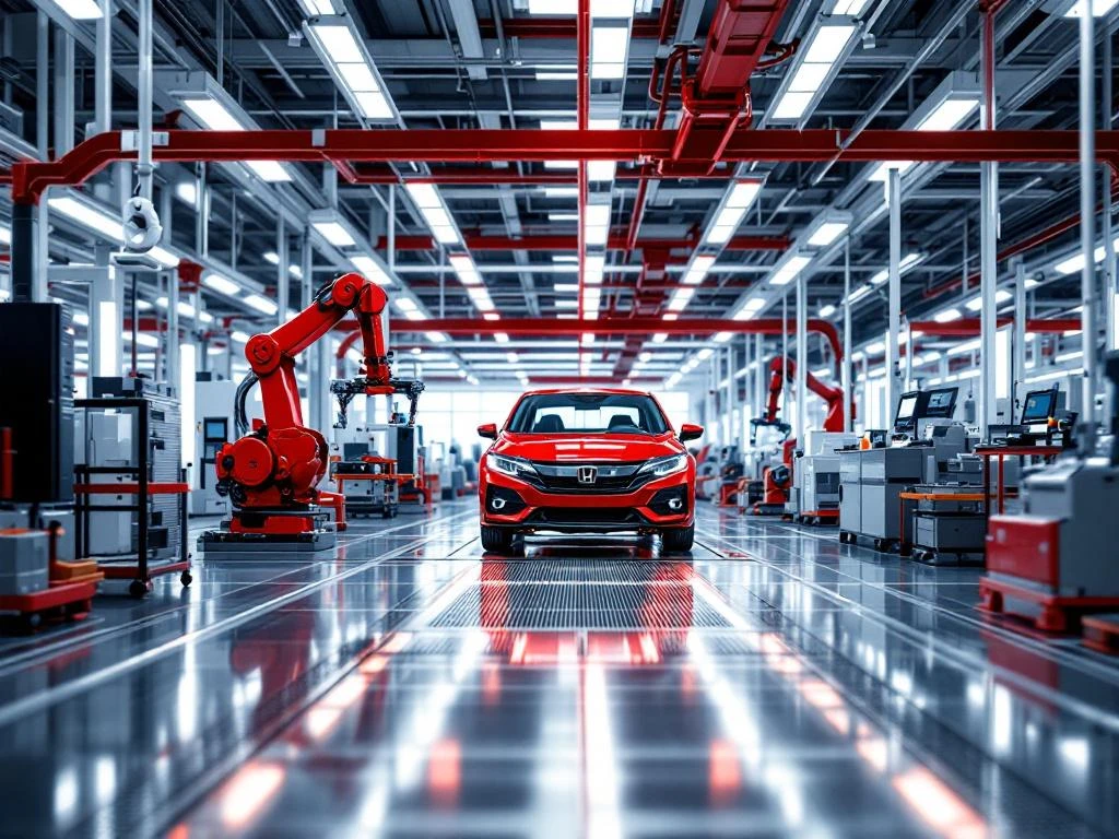 Moderne Honda-autofabriek met geautomatiseerde assemblagelijnen, robotica en voertuigen in productie onder LED-verlichting