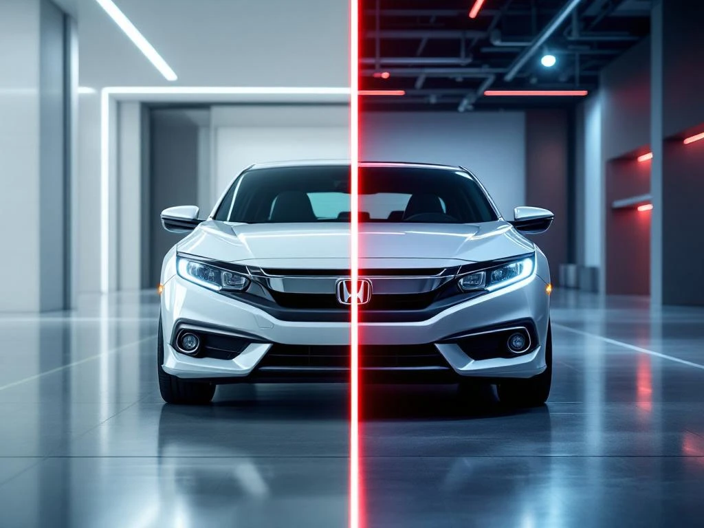 Witte nieuwe Honda hybride auto naast zilveren gebruikte hybride in moderne showroom met LED-verlichting