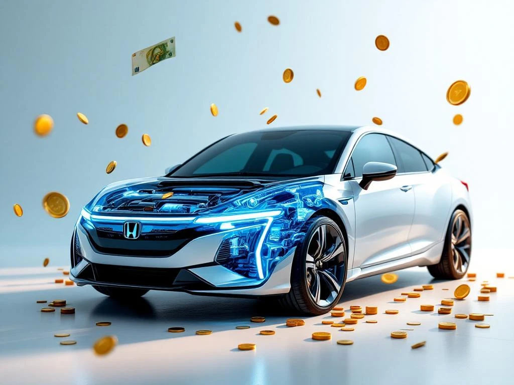 Honda hybride auto met open motorkap toont elektrisch-benzine aandrijving, omringd door zwevende munten en bankbiljetten