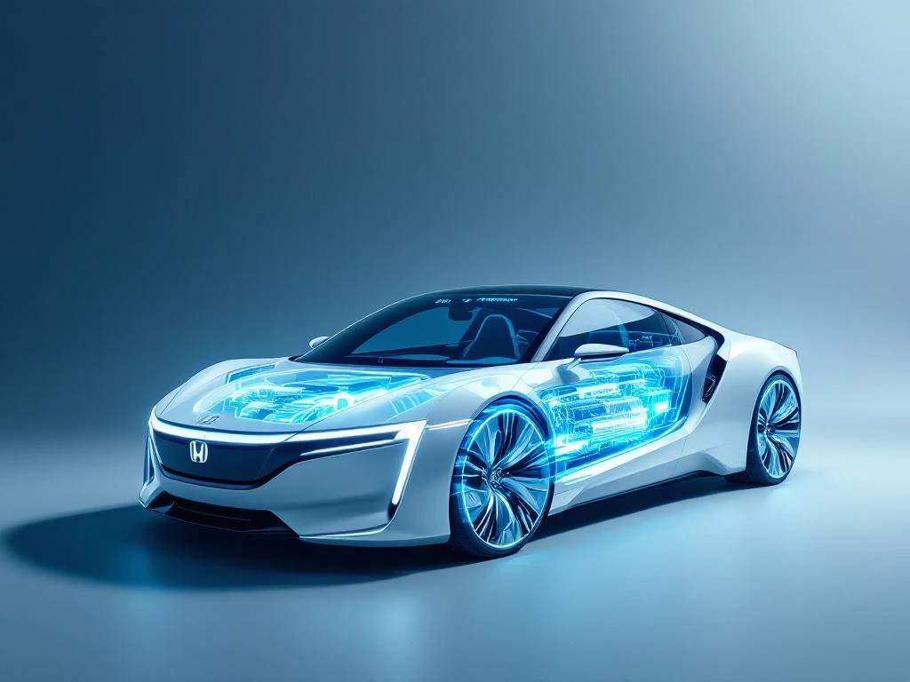 Witte Honda hybride auto met open motorkap toont gloeiende elektrische motor en digitaal dashboard met verbruiksgegevens