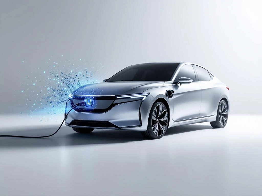 Honda plug-in hybride auto in metallic zilver met oplaadkabel en blauwe LED-verlichting op witte achtergrond