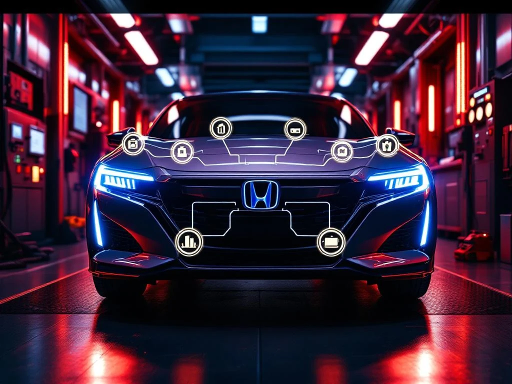 Honda hybride auto met blauwe badge in professionele servicewerkplaats met diagnostische apparatuur en verlichte componenten