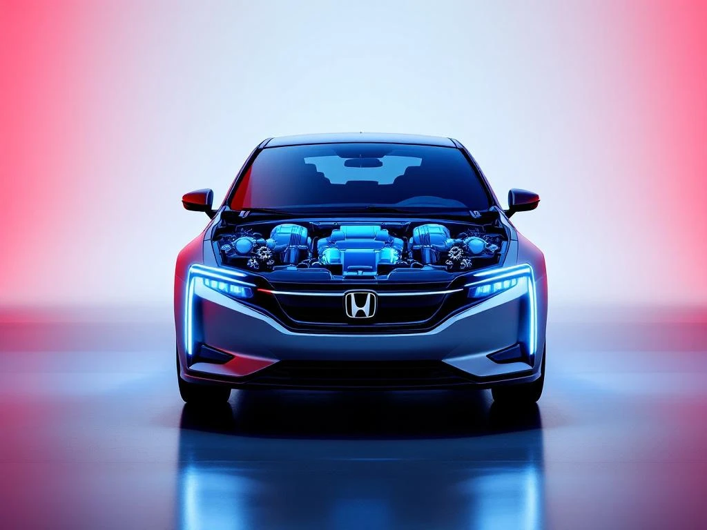 Moderne Honda hybride auto met open motorkap toont elektrische en benzinemotor met blauwe verlichting en automatische versnelling