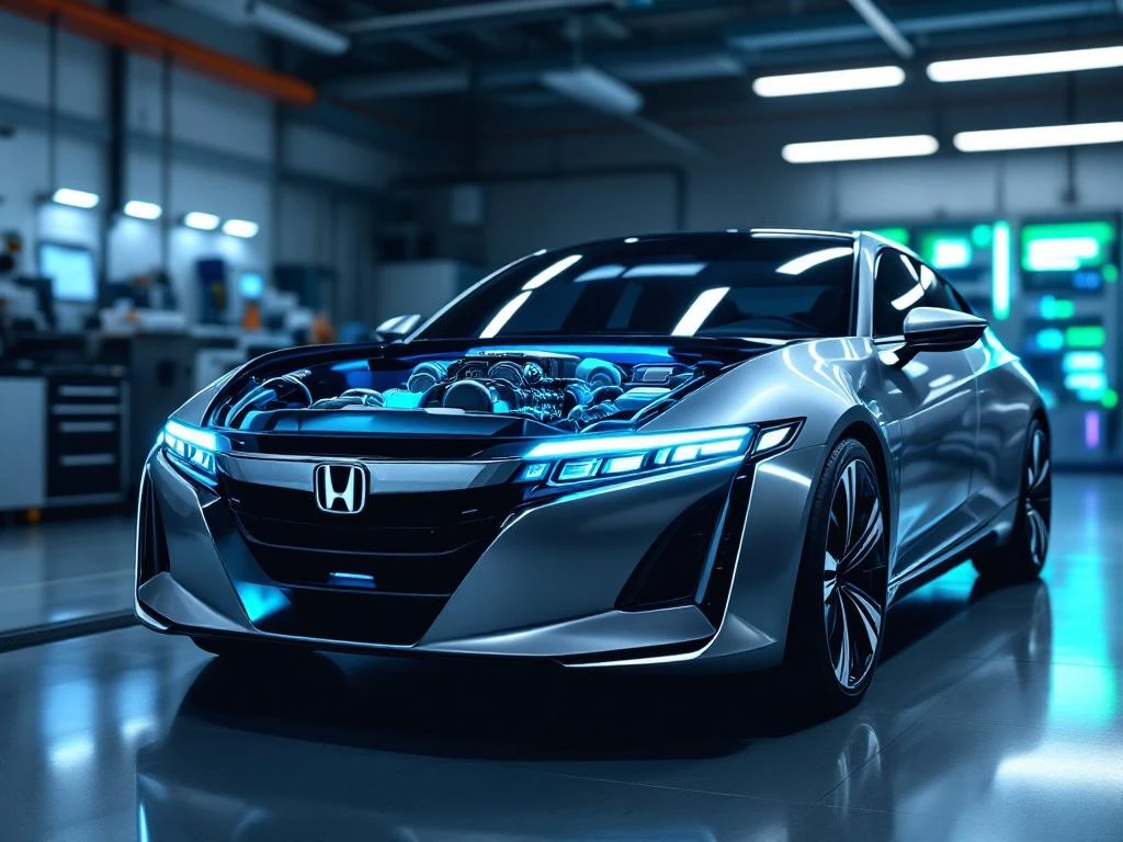 Moderne zilveren Honda hybride auto met open motorkap toont elektrische en benzinemotor componenten in werkplaats