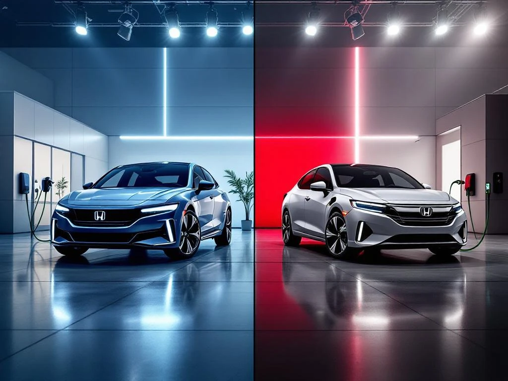Twee moderne Honda auto's in showroom: hybride links en plug-in hybride rechts aangesloten op laadstation