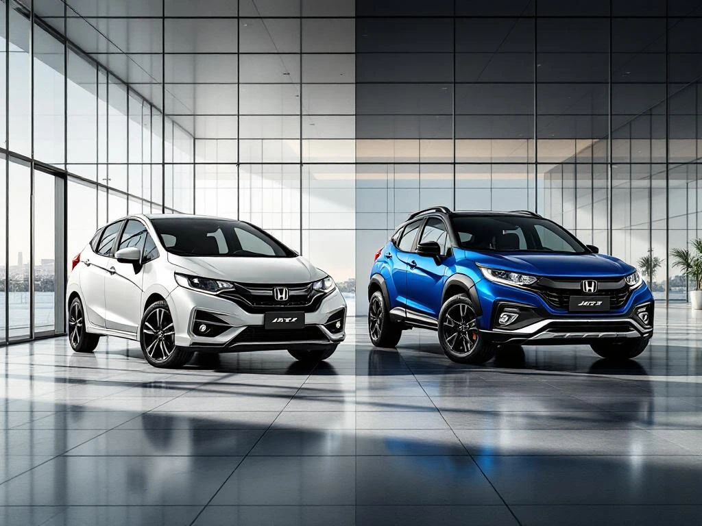 Twee Honda Jazz modellen in wit en blauw op glanzende showroomvloer, standaard Jazz naast robuuste Crosstar variant