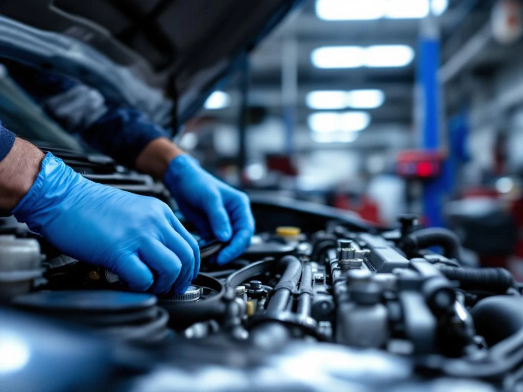 Monteur met blauwe handschoenen inspecteert automotor in Honda servicewerkplaats met professionele gereedschappen