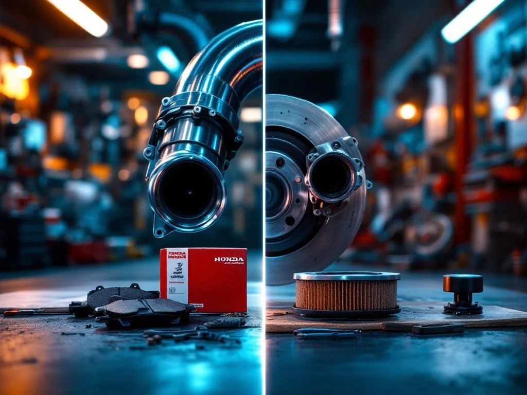 Honda originele onderdelen versus namaak alternatieven in professionele garage met dramatische verlichting