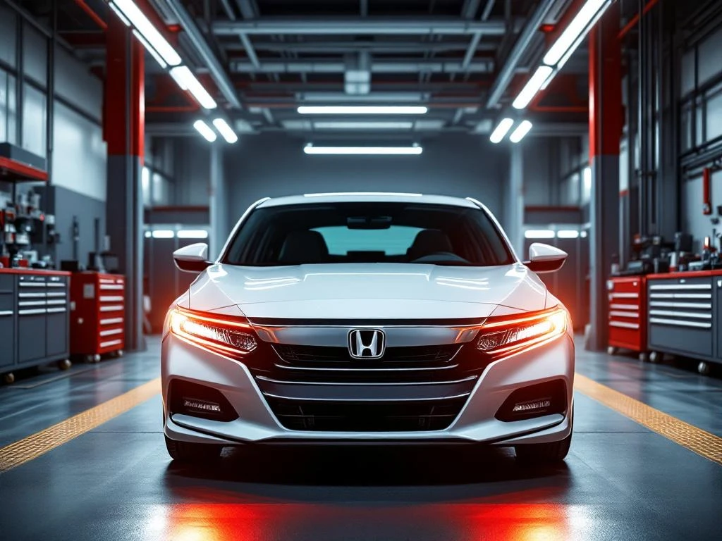 Witte Honda sedan met open motorkap in professionele garage met diagnostische apparatuur en werkplaatsverlichting