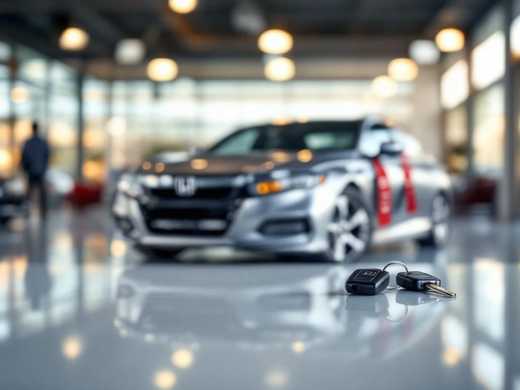 Zilveren Honda sedan met SOLD-label en autosleutels in professionele showroom met warme verlichting