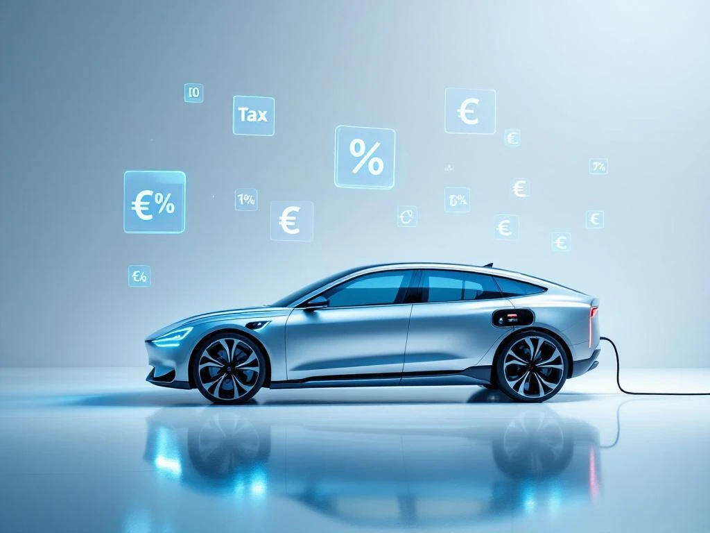 Zilveren hybride auto met oplaadkabel en blauwe energie, omringd door belasting- en euro-symbolen op witte achtergrond