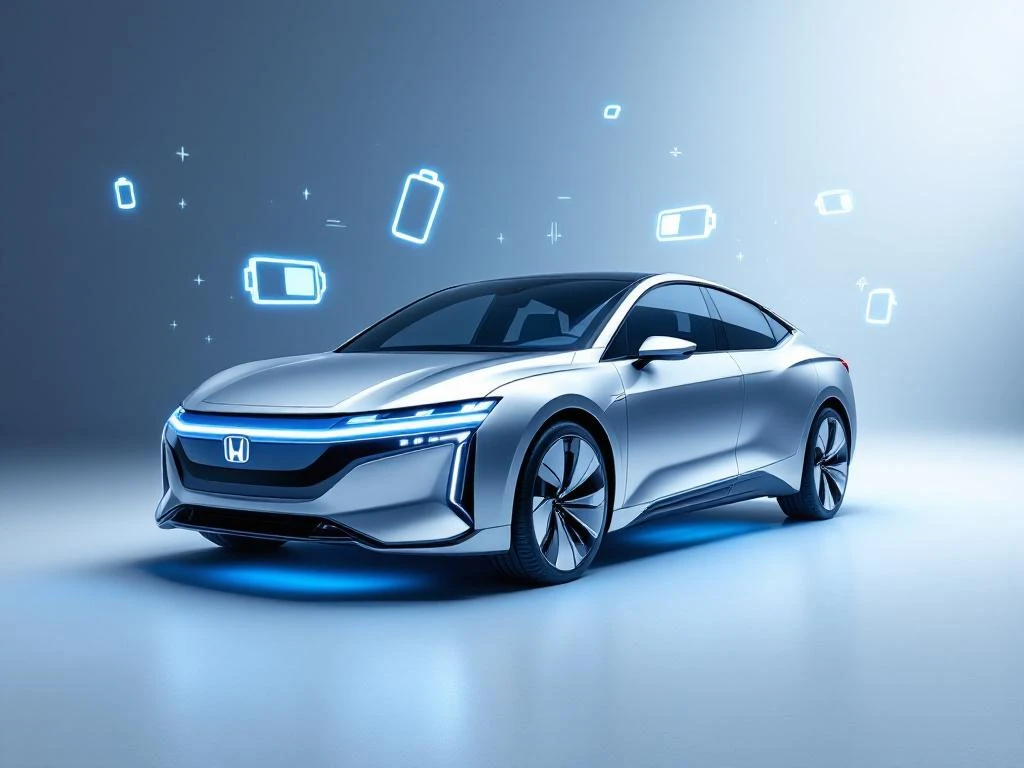 Moderne zilveren hybride auto met elektrische blauwe gloed en zwevende batterij-iconen op witte achtergrond