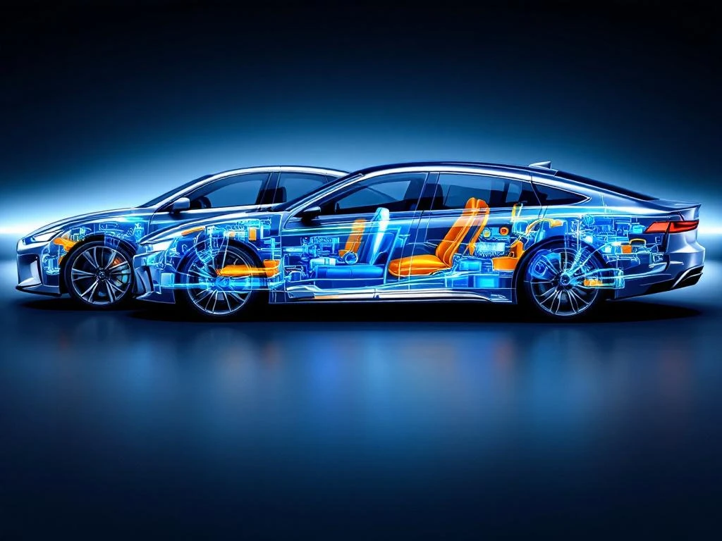 Drie hybride auto's in doorsnede die verschillende hybridetechnologieën tonen met zichtbare motoren en batterijen