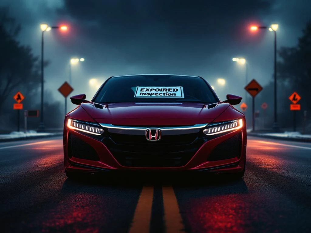 Honda auto met verlopen keuringssticker staat aarzelend bij kruispunt met waarschuwingsborden in dramatisch licht
