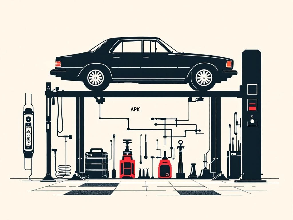 Auto op hefbrug tijdens APK-keuring met diagnostische apparatuur en inspectie-elementen in minimalistisch ontwerp