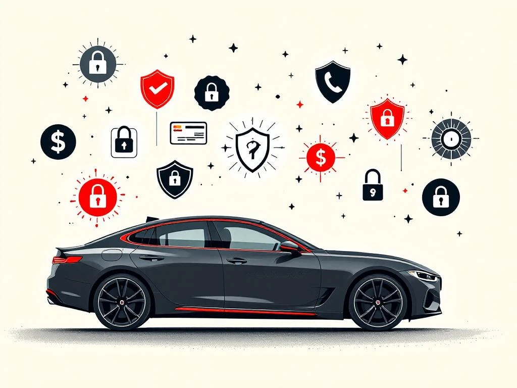 Zwarte auto-silhouet omringd door zwevende beveiligingssymbolen zoals schilden en sloten voor veilige betalingen