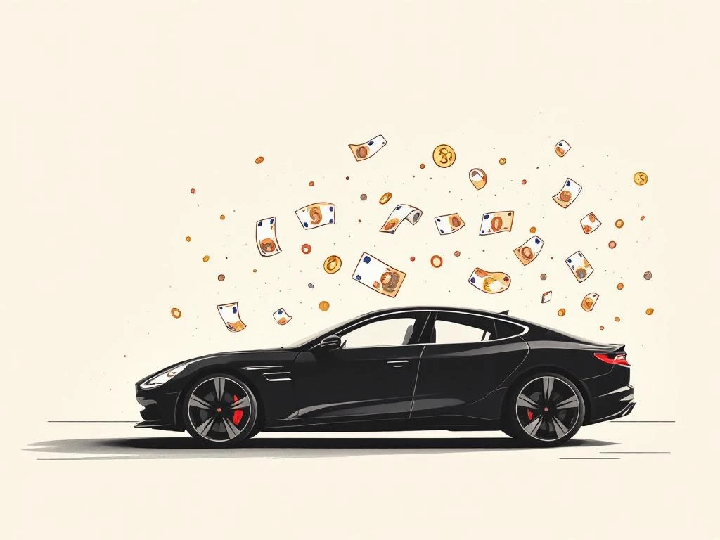Zwarte auto silhouet omringd door zwevende eurobankbiljetten in minimalistische illustratiestijl voor contante aankoop