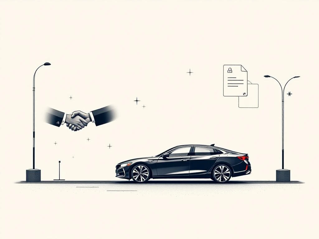 Zwarte auto silhouet met handdruk en document iconen die een Honda dealership transactie illustreren op crème achtergrond