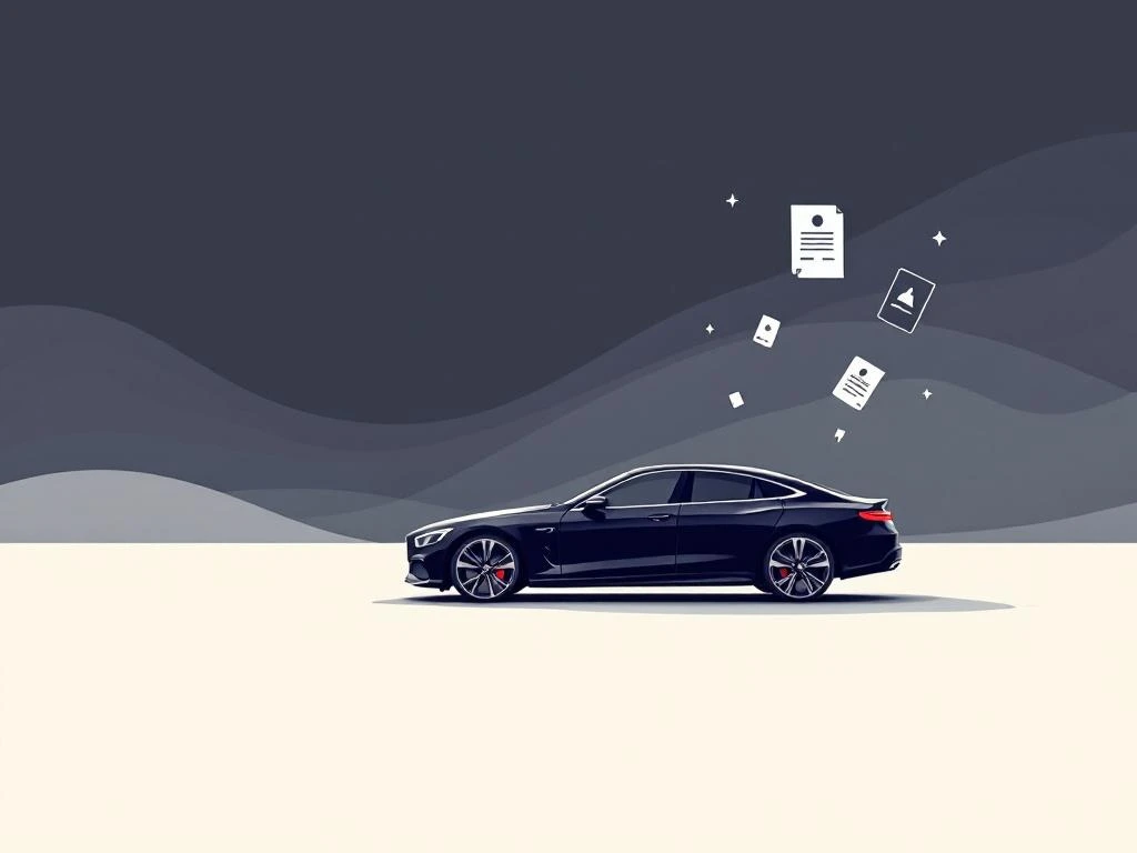 Zwarte auto silhouet met rode accenten en zwevende documenten die eigendomsoverdracht symboliseren op witte achtergrond