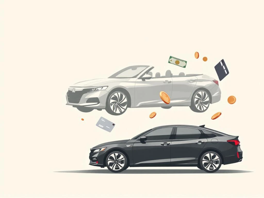 Honda auto silhouet met zwevende betaalsymbolen - creditcards, munten en bankbiljetten voor autofinanciering