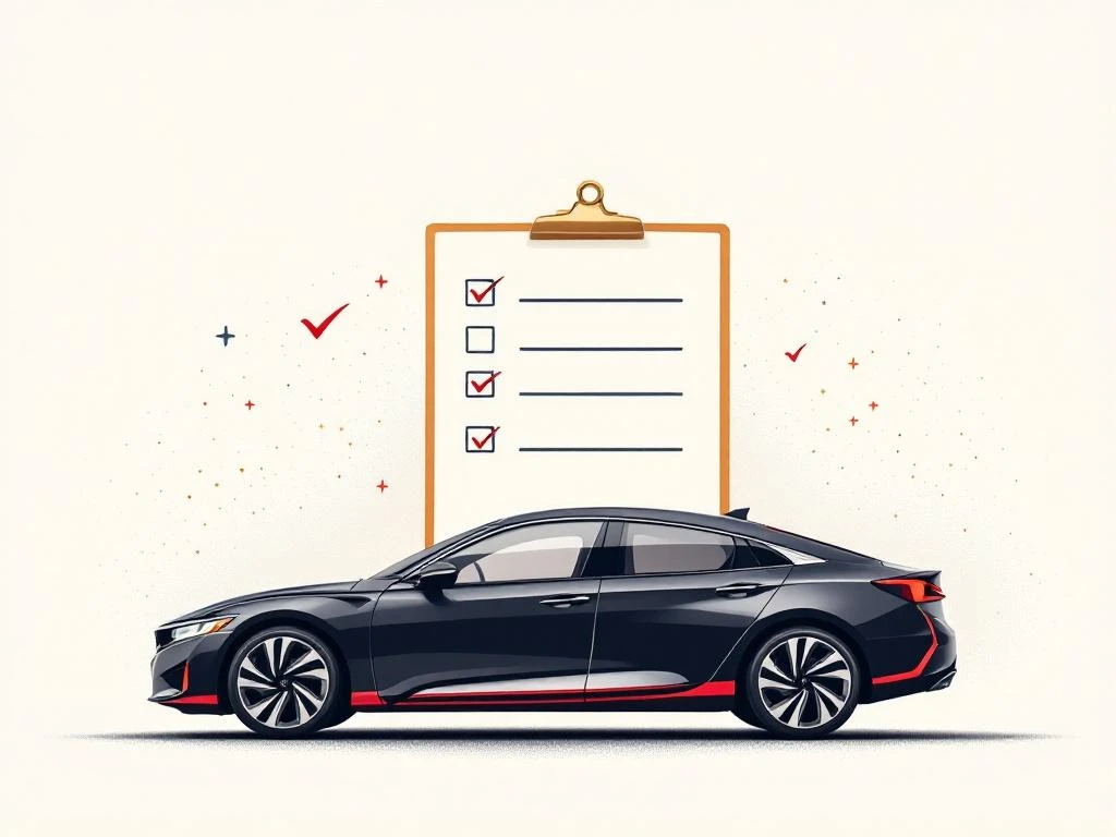 Zwarte auto silhouet boven klembord met inspectie checklist, rode accenten, professionele automotive service illustratie