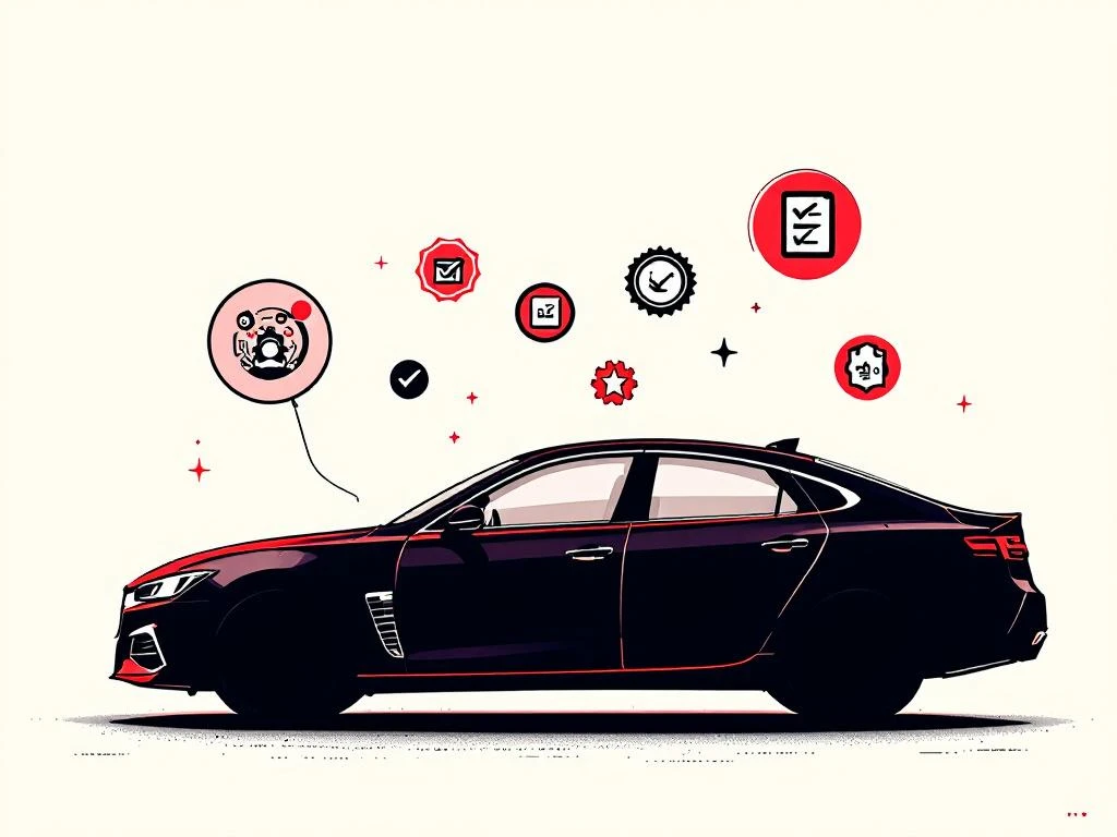 Auto-inspectie illustratie met zwart voertuigsilhouet, vergrootglas, checklist en kwaliteitsbadges op witte achtergrond