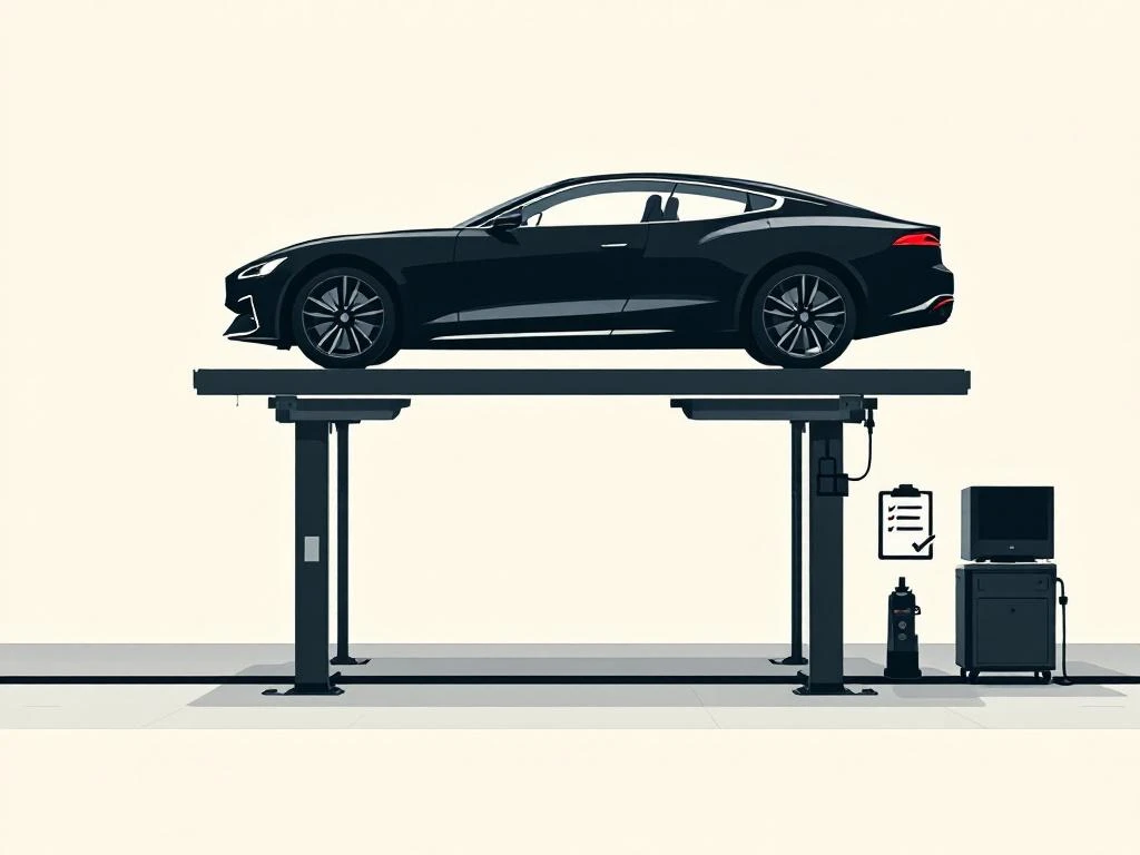 Auto silhouet op moderne inspectielift met diagnostische apparatuur en checklist icoon voor voertuigcontrole