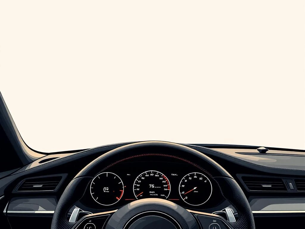 Auto dashboard met kilometerteller en stuurwiel in minimalistische stijl op crème achtergrond