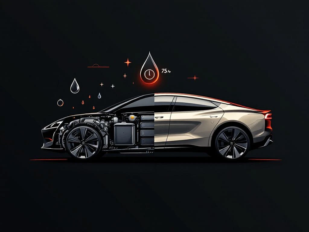 Auto-silhouet gesplitst tussen traditionele motor met oliedruppels en elektrische batterij-elementen op zwarte achtergrond