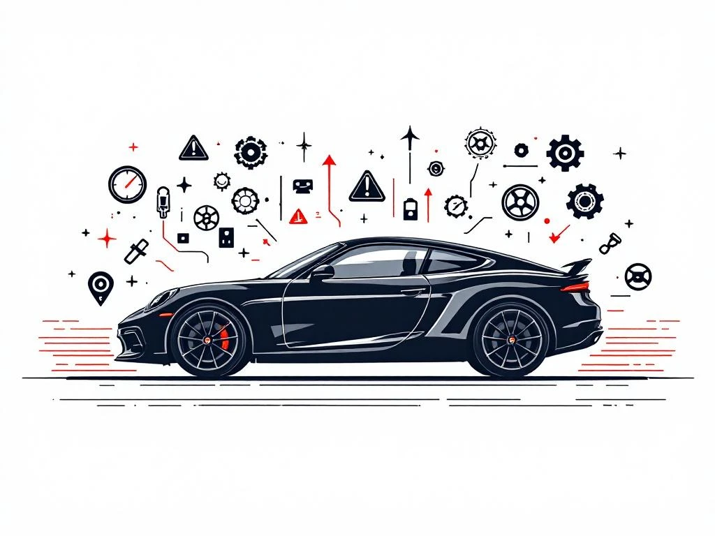 Zwarte auto silhouet met rode waarschuwingslampjes en mechanische symbolen voor onderhoud en inspectie