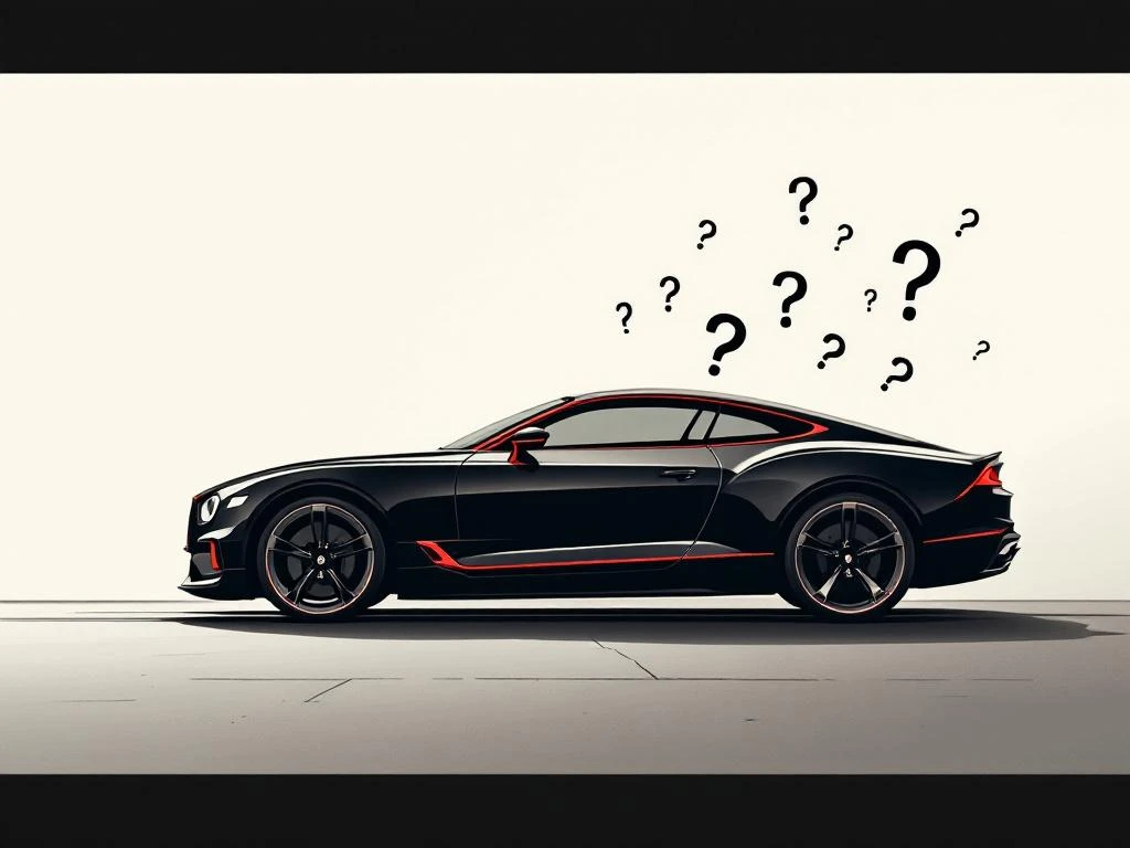 Zwarte auto silhouet met rode accenten en vraagtekens op crème achtergrond, minimalistische illustratie