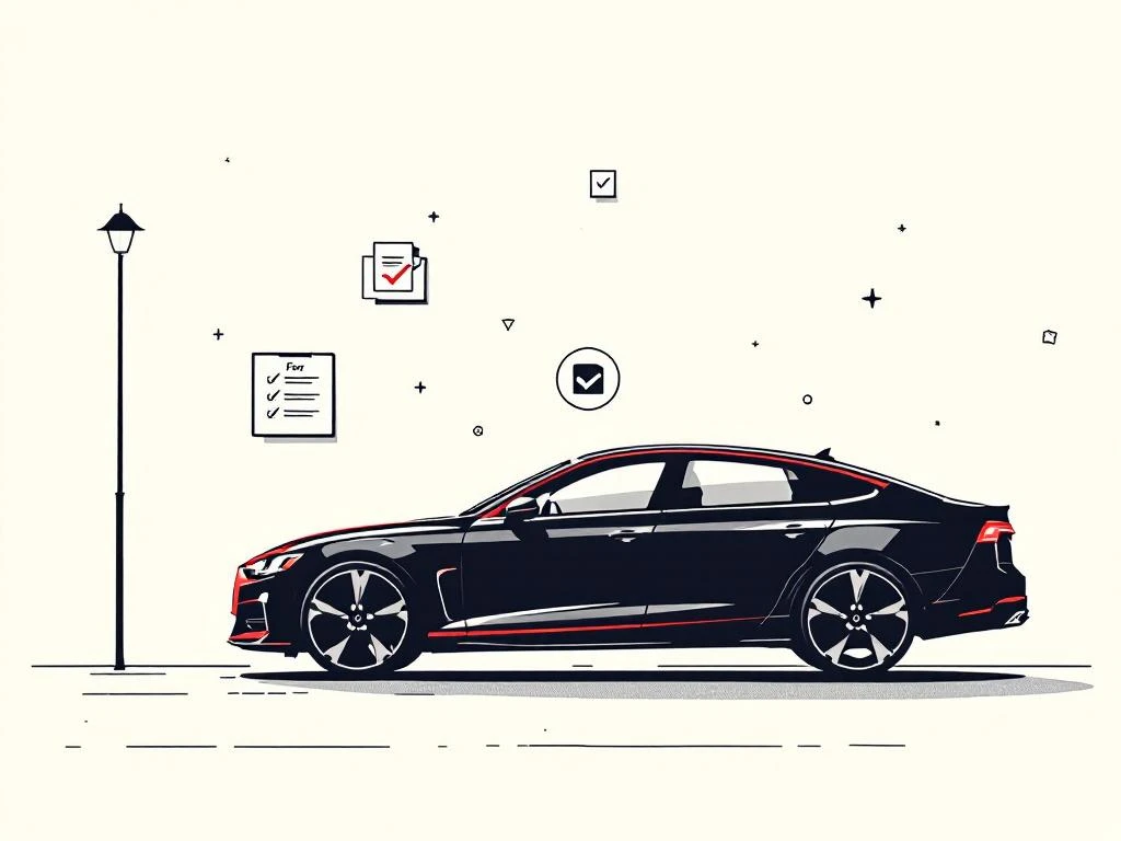 Zwarte auto silhouet met rode accenten en "Te Koop" bord, omgeven door geometrische documenten op crème achtergrond