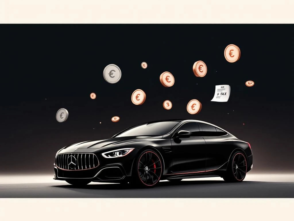 Auto silhouet dat overgaat in zwevende euro munten en belastingdocument symbolen op crème achtergrond