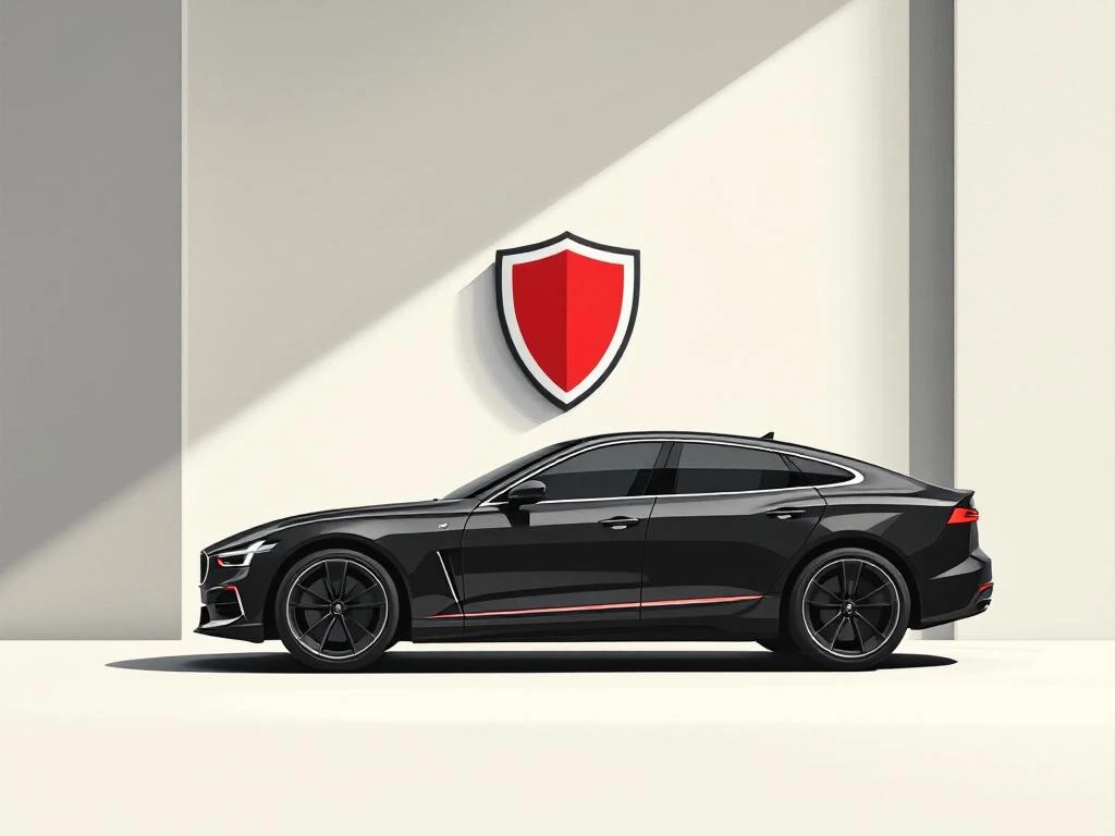 Auto silhouet met beschermend schild symbool, veilig voertuig verkopen concept in minimalistische stijl
