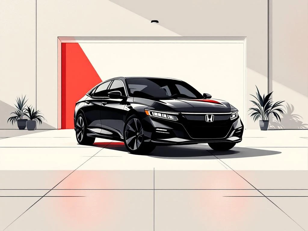 Zwarte Honda auto silhouet met rode accenten op witte achtergrond, garage en sleutel symbolen voor autoverkoop
