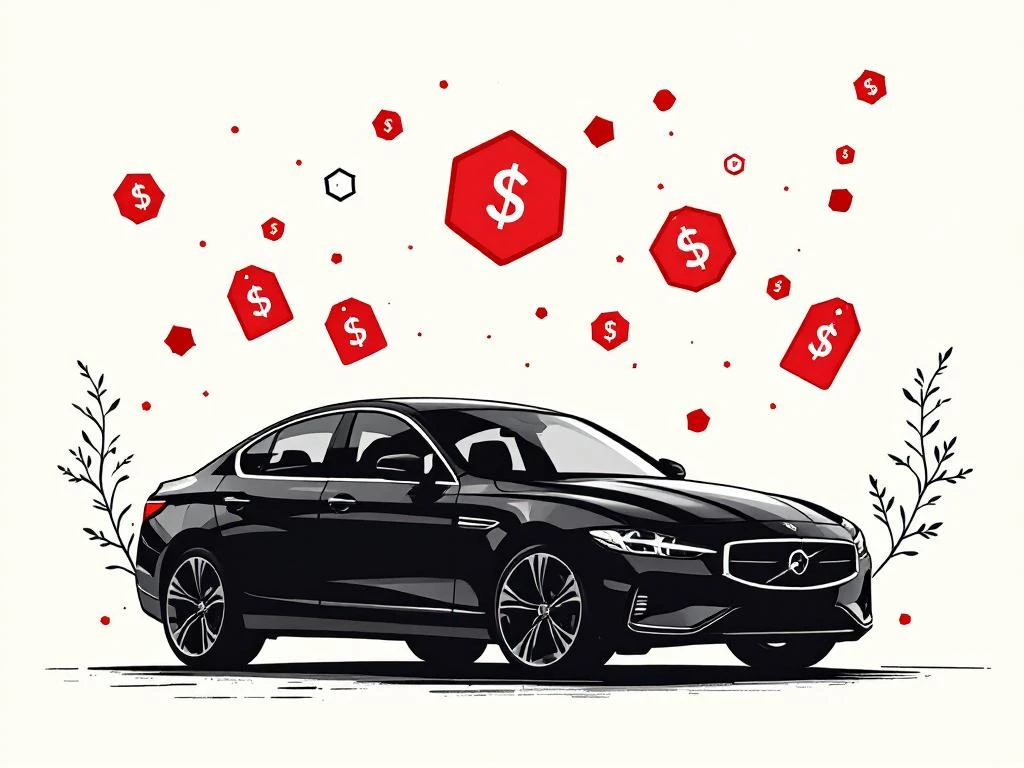 Zwarte auto silhouet omringd door rode geldsymbolen en waarde-indicatoren op witte achtergrond, minimalistisch design